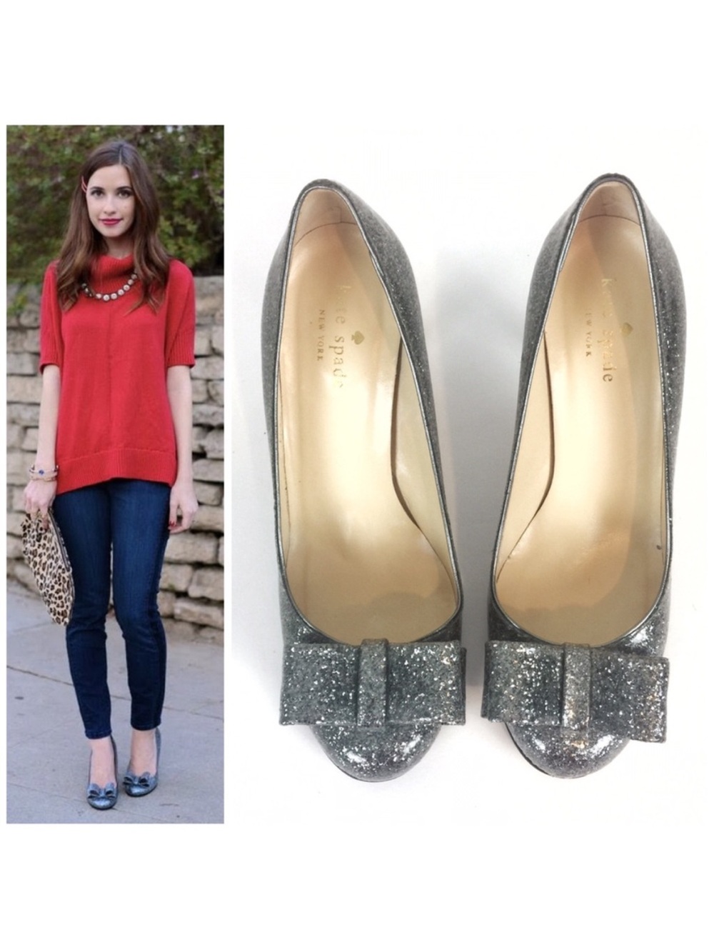 Kate Spade Krysta Silver Glitter Bow Heels 8
